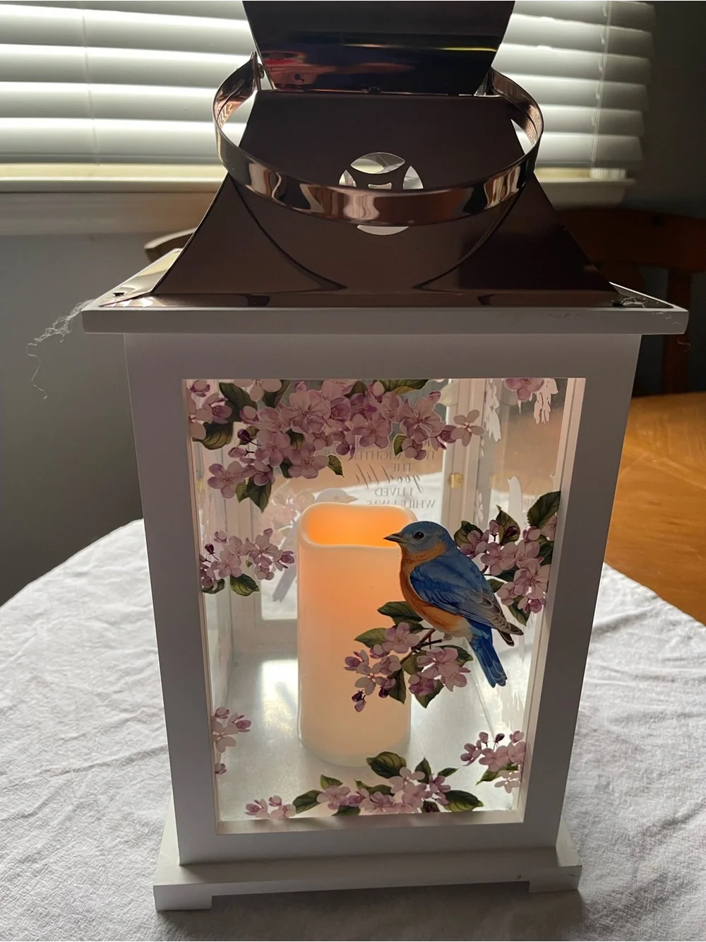 White & Copper Bird Memorial Lantern Decorative Cabinet with Floral Glass